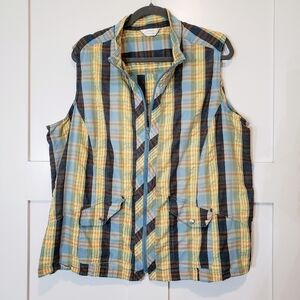 CJ Banks Full Zip Up Plaid Vest 100% Cotton Front Pockets Size 3X Blue Yellow